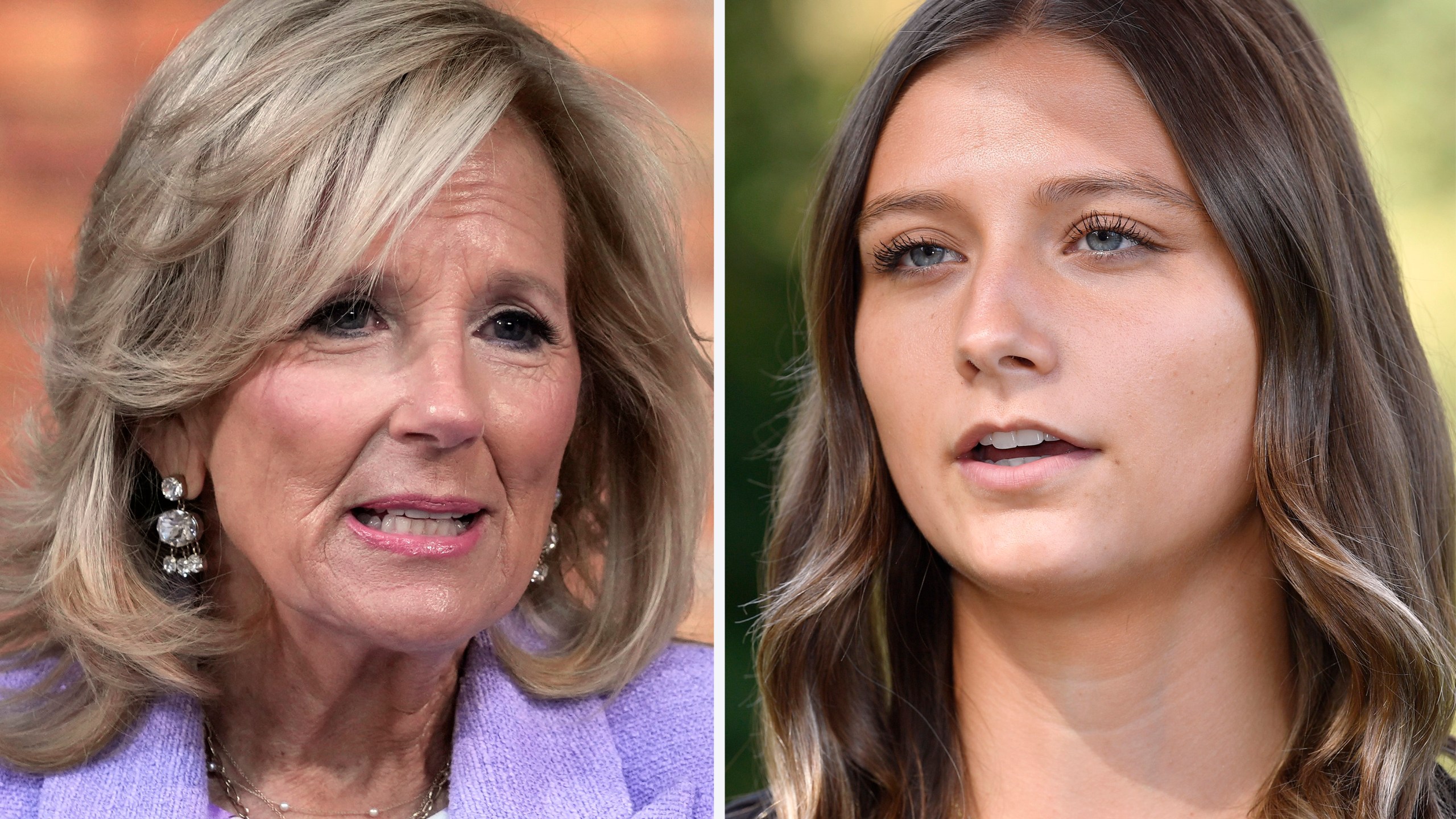 CORRECTS THE AGE OF DUVALL - This combination photo shows first lady Jill Biden in Washington, Nov. 13, 2023, left, and Hadley Duvall in Versailles, Ky., Sept. 20, 2023. Duvall, a 22-year-old woman who became a vocal reproductive rights advocate after she was raped by her stepfather as a child, will campaign with Biden in Pennsylvania on Sunday, June 23, 2024, as part of an election push around the anniversary of the fall of Roe v. Wade. (AP Photo)