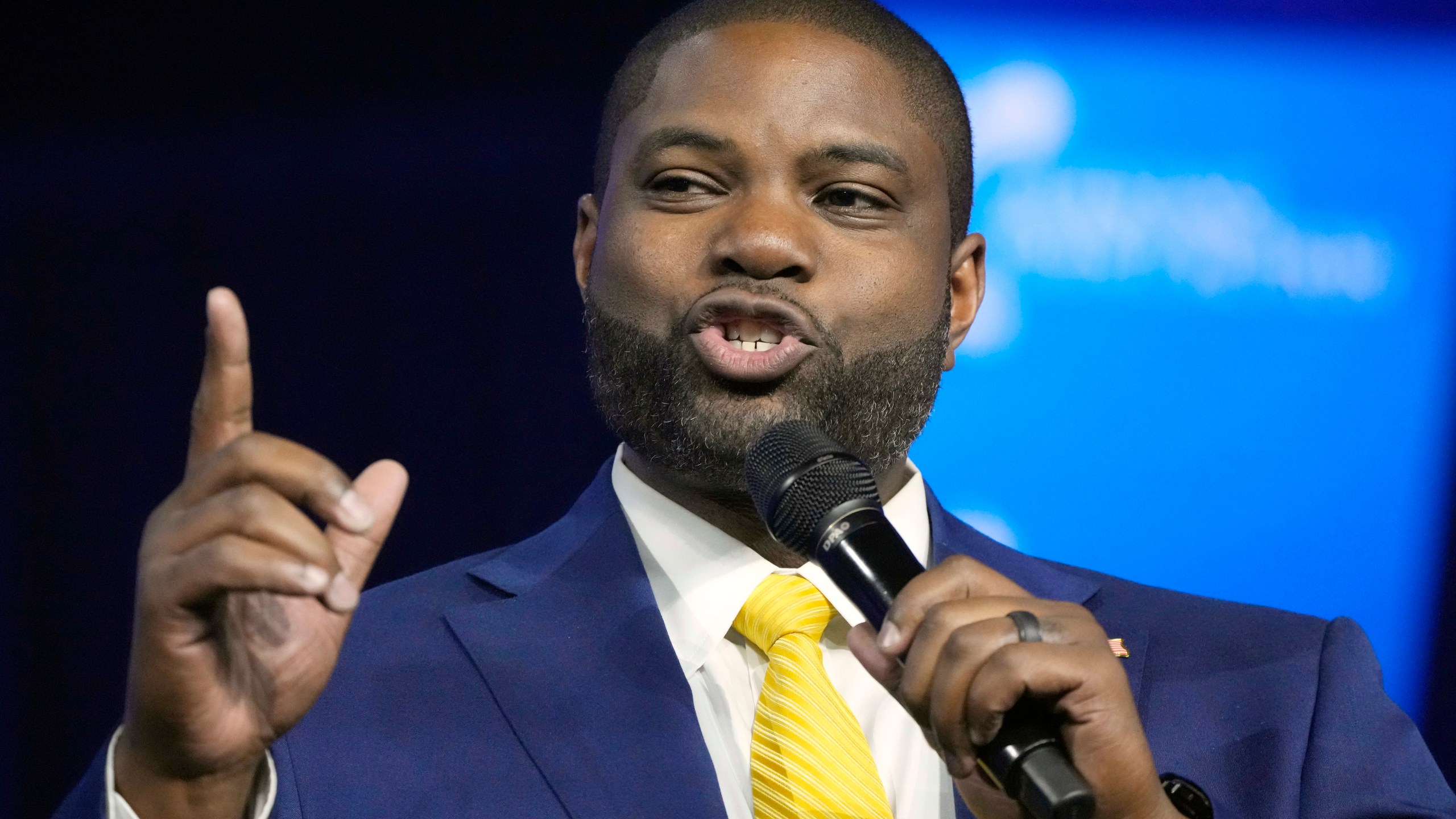 FILE - Rep. Byron Donalds, R-Fla., speaks at a convention, June 15, 2024, in Detroit. Former President Donald Trump has narrowed his vice presidential shortlist to a handful of contenders that include Donalds, as he prepares to announce his pick in the days before, or perhaps at, next month's Republican National Convention. Trump told reporters Saturday, June 22, that he already has made his decision and that that person will be in attendance Thursday night in Atlanta at the first debate of the general election campaign with Democratic President Joe Biden.(AP Photo/Carlos Osorio, File)