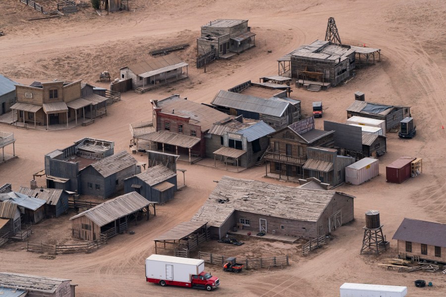 This aerial photo shows the Bonanza Creek Ranch in Santa Fe, N.M, Oct. 23, 2021, used for the film "Rust."