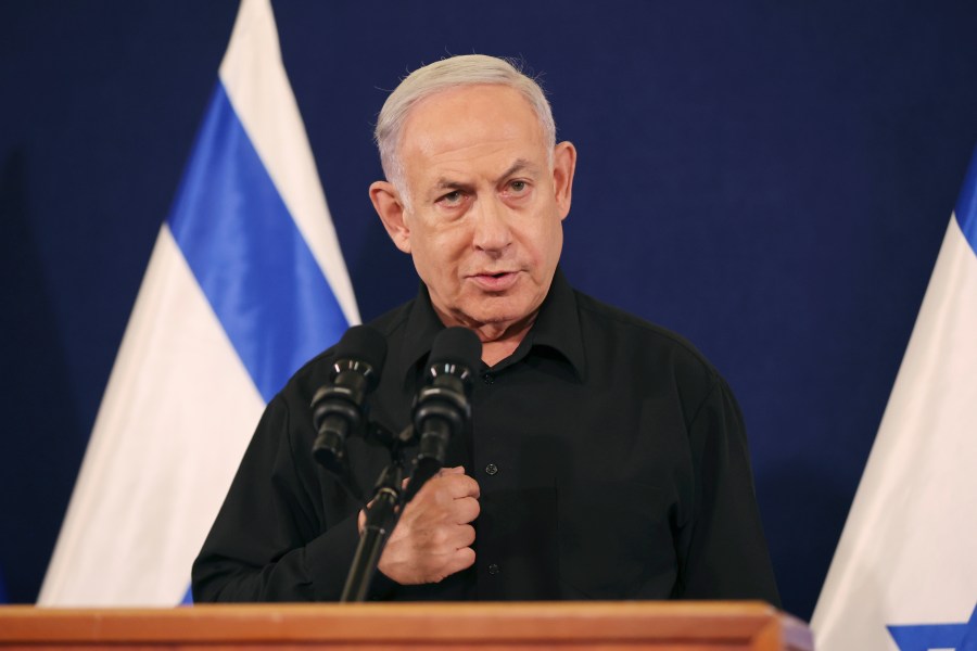 FILE - Israeli Prime Minister Benjamin Netanyahu speaks during a news conference in the Kirya military base in Tel Aviv, Israel, on Oct. 28, 2023. Israeli Prime Minister Benjamin Netanyahu told his Cabinet on Sunday that there had been a “dramatic drop” in U.S. weapons deliveries for Israel's war effort in Gaza, doubling down on a claim that the Biden administration has denied and underscoring the growing strains between the two allies. (Abir Sultan/Pool Photo via AP, File)