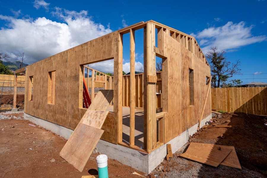 Construction on Gene Milne's property is seen during a media tour Wednesday, June 26, 2024, in Lahaina, Hawaii. Milne lost his newly built home in last year's wildfire. His is the first to start construction because his previous home was not yet fully completed and had open permits. When he evacuated, he was living in an accessory dwelling, known locally as an “ohana unit,” borrowing the Hawaiian word for family. The main home was about 70% done. (AP Photo/Mengshin Lin)