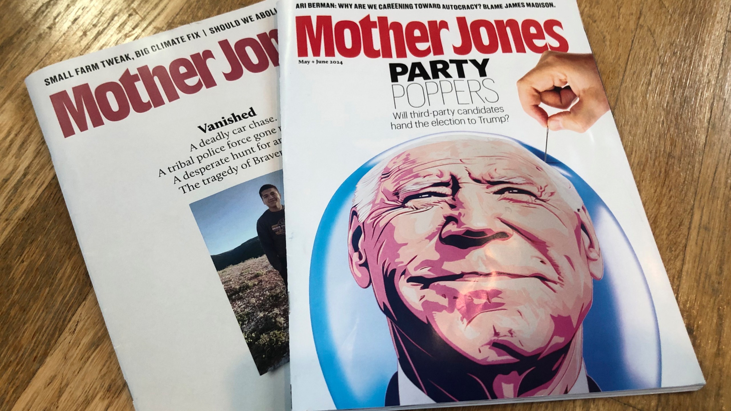 Copies of Mother Jones are shown in a photo taken on Wednesday, June 26, 2024, in Providence, R.I. The Center for Investigative Reporting, the publisher of Reveal and Mother Jones, said Thursday, June 27, 2024, it is suing ChatGPT maker OpenAI and its closest business partner, Microsoft, marking a new front in the legal battle between news publications fighting against unauthorized use of their content on artificial intelligence platforms. (AP Photo/Matt O'Brien)