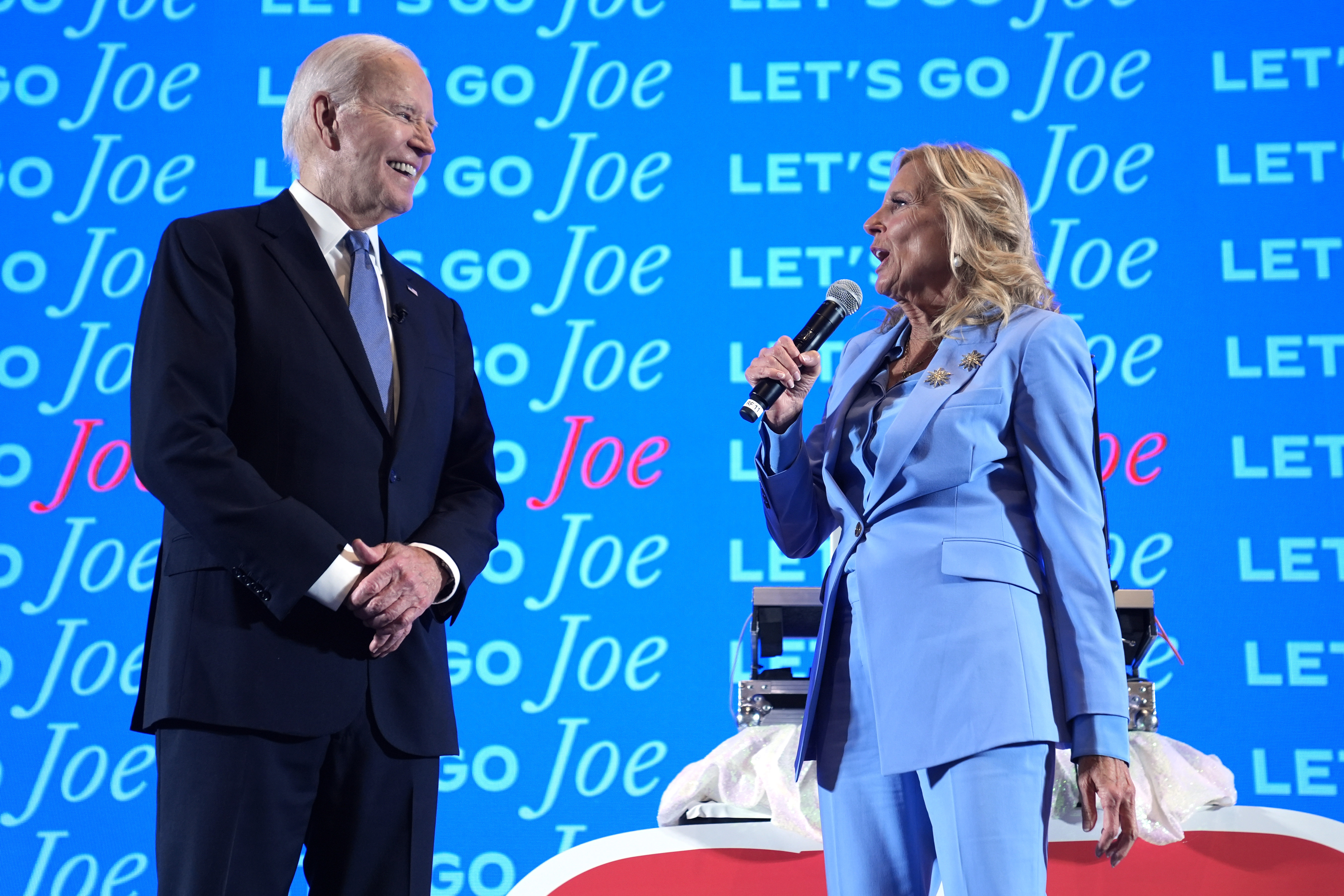 President Joe Biden, left, and first lady Jill Biden speak at a presidential debate watch party, Thursday, June 27, 2024, in Atlanta. (AP Photo/Evan Vucci)