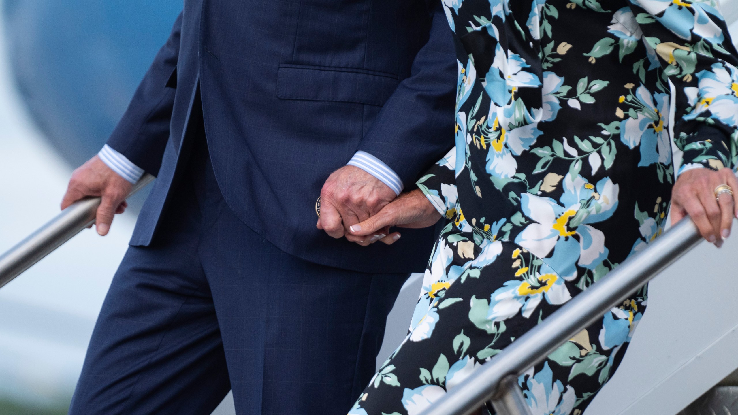 President Joe Biden, left, and first lady Jill Biden arrive at McGuire Air Force Base, Saturday, June 29, 2024, in Burlington County, N.J. (AP Photo/Evan Vucci)