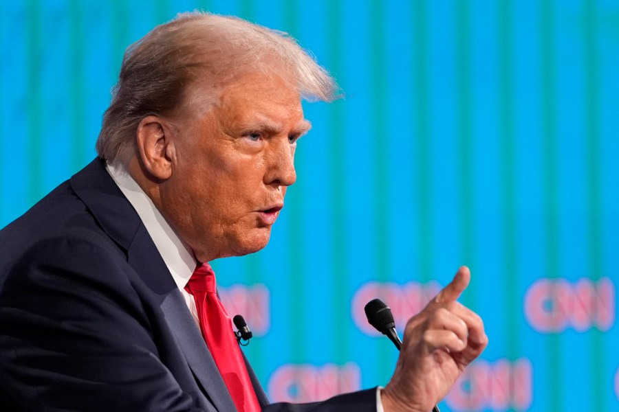 Republican presidential candidate former President Donald Trump speaks during a presidential debate hosted by CNN with President Joe Biden, Thursday, June 27, 2024