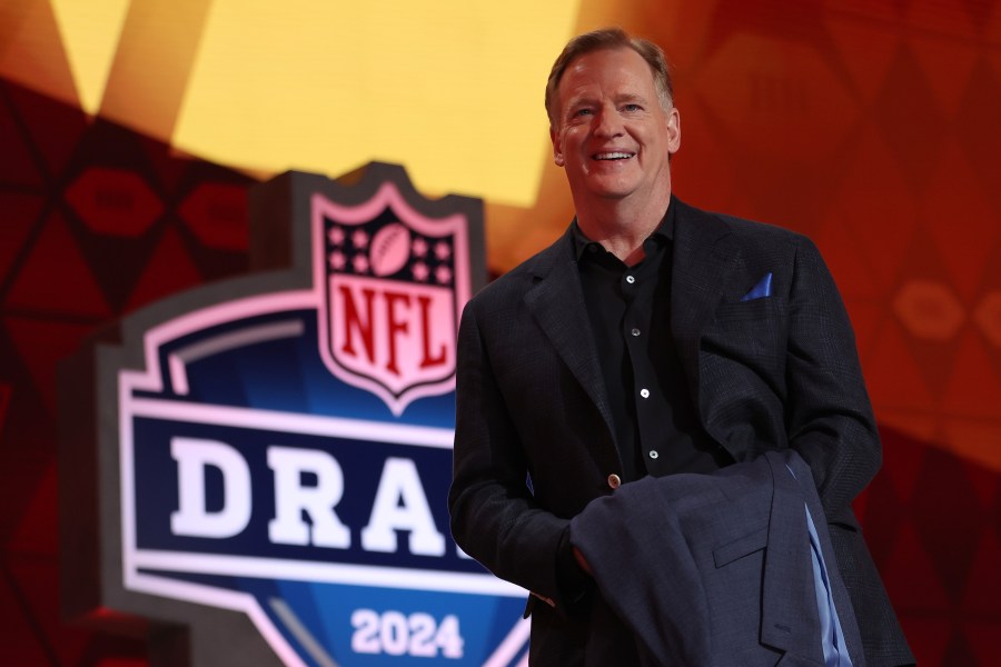 Roger Goodell looks on during the second round of the 2024 NFL Draft at Campus Martius Park on April 26, 2024