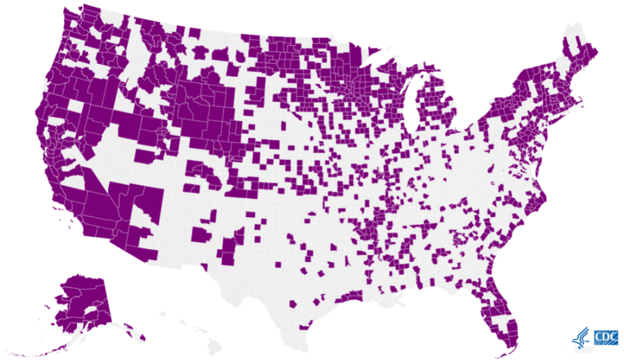 A map of counties in the USA that have reported cases of bird flu. 