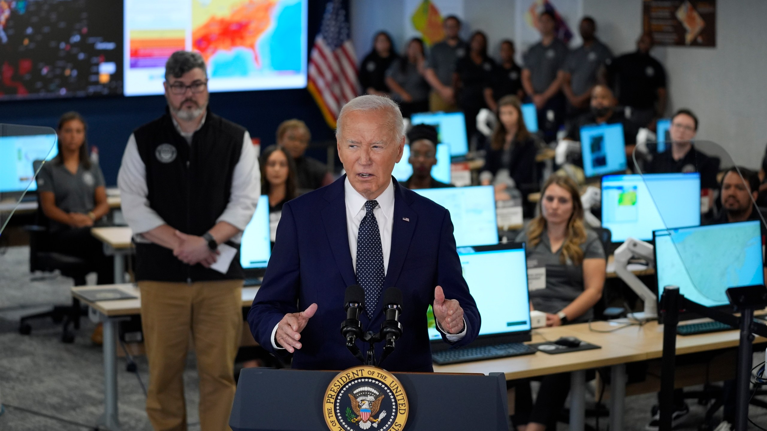 President Joe Biden speaks during a visit to the D.C. Emergency Operations Center, Tuesday, July 2, 2024, in Washington. (AP Photo/Evan Vucci)