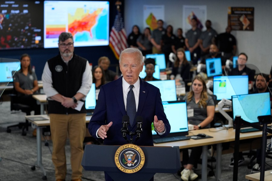 President Joe Biden speaks during a visit to the D.C. Emergency Operations Center, Tuesday, July 2, 2024, in Washington. (AP Photo/Evan Vucci)