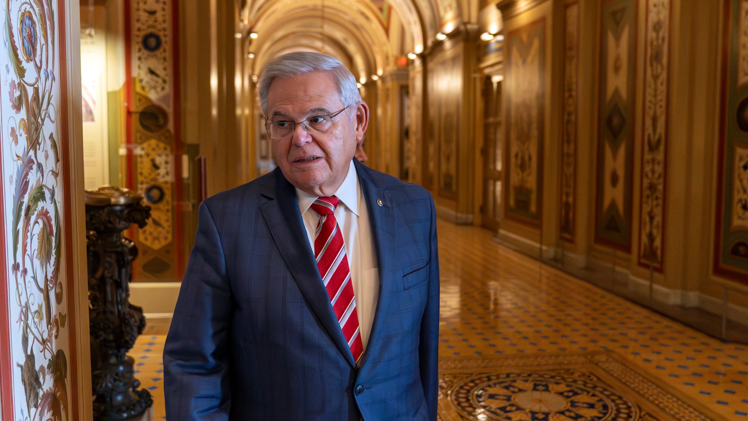 FILE - Sen. Bob Menendez, D-N.J., departs the Senate floor in the Capitol, Sept. 28, 2023, in Washington. (AP Photo/Alex Brandon, file)