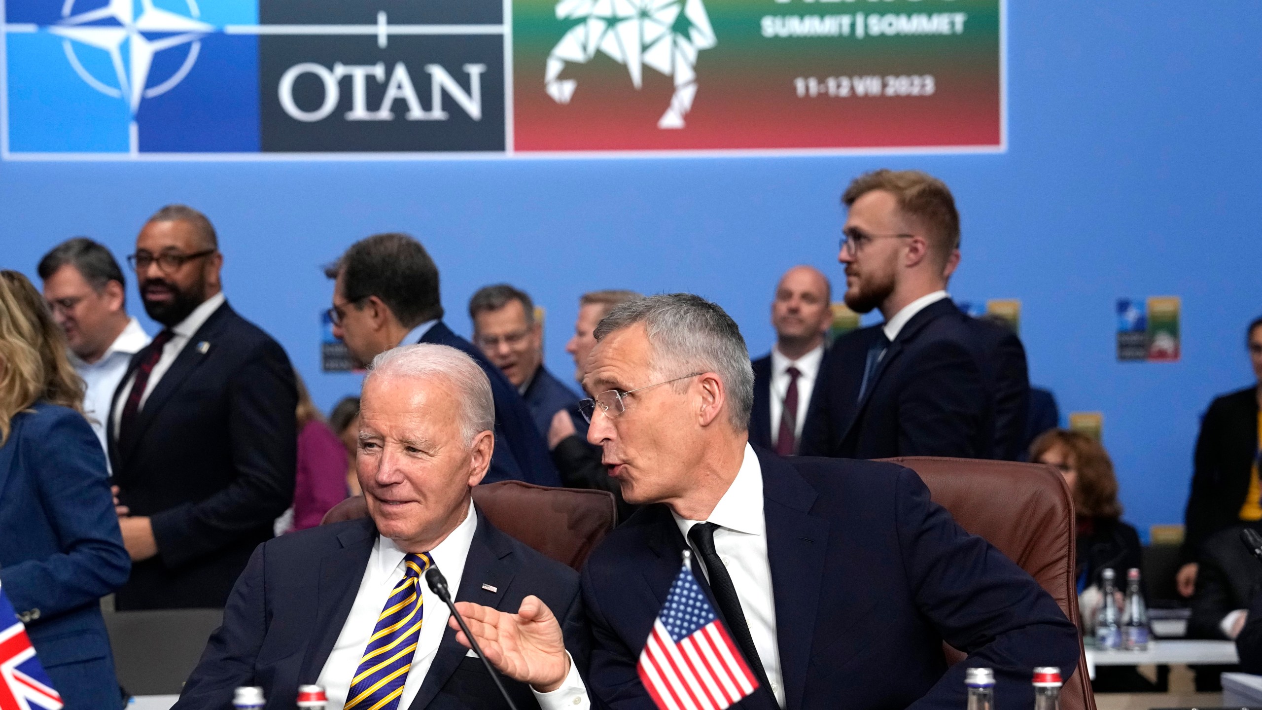 FILE - NATO Secretary General Jens Stoltenberg, right, speaks with President Joe Biden during a NATO summit in Vilnius, Lithuania, July 12, 2023. NATO allies are gathering in Washington for a summit this week, and the prospect that former President Donald Trump, the military alliance's most prominent critic, may return to power is dominating discussions. Biden's shaky performance in the presidential debate last month escalated doubts about his reelection. It's given rise to the term "Trump-proofing" or "future-proofing" NATO, making the alliance more self-sufficient. (AP Photo/Pavel Golovkin, File)