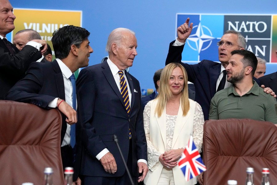 FILE - From left, Lithuania's President Gitanas Nauseda, British Prime Minister Rishi Sunak, President Joe Biden, Italy's Prime Minister Giorgia Meloni, NATO Secretary General Jens Stoltenberg and Ukraine's President Volodymyr Zelenskyy pose during a meeting of the NATO-Ukraine Council during a NATO summit in Vilnius, Lithuania, July 12, 2023. U.S. President Joe Biden and his NATO counterparts are meeting in Washington this week to mark the 75th anniversary of the world's biggest security organization just as Russia presses its advantage on the battlefield in Ukraine. (AP Photo/Pavel Golovkin, File)