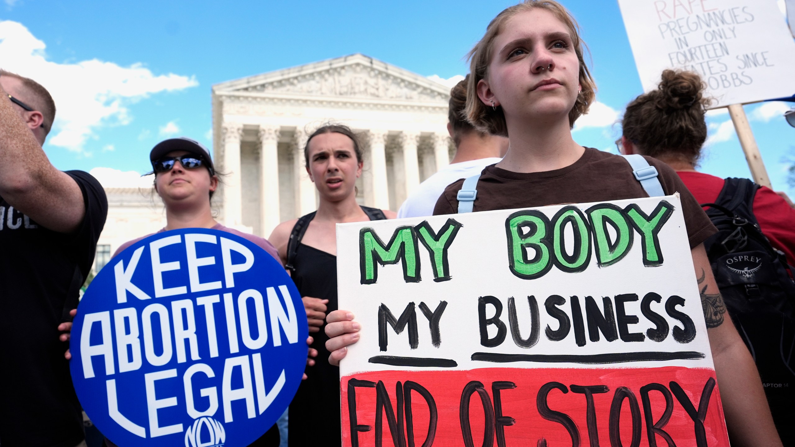 FILE - Abortion rights activists and Women's March leaders protest as part of a national day of strike actions outside the Supreme Court, June 24, 2024, in Washington. A new poll finds that a solid majority of Americans oppose a federal abortion ban and that a rising number support access to abortions for any reason. (AP Photo/Alex Brandon, File)