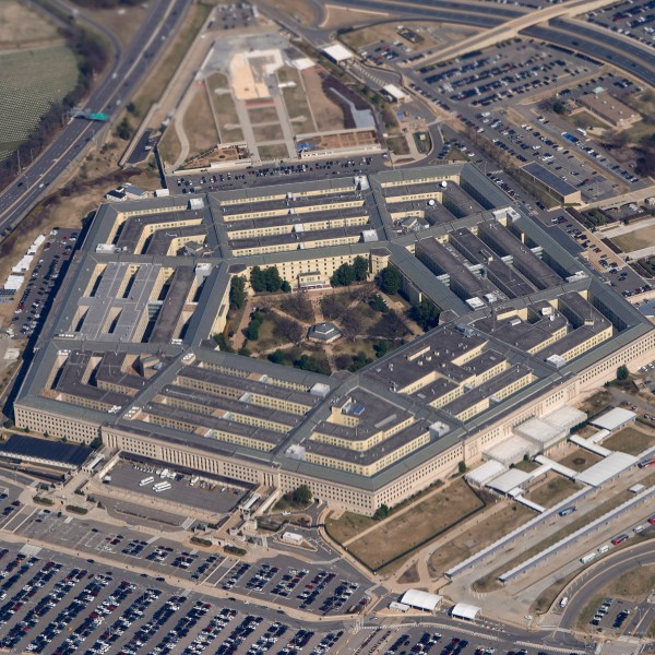 FILE - The Pentagon is seen from Air Force One as it flies over Washington, March 2, 2022. World UFO Day is being celebrated amid a surge in sightings and government studies on unidentified flying objects. (AP Photo/Patrick Semansky, File)