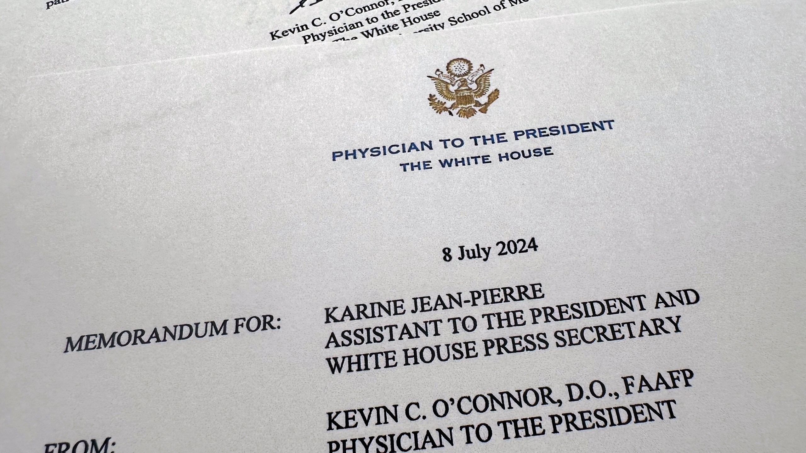 The memorandum released by the White House from President Joe Biden's physician Kevin C. O'Connor to White House press secretary Karine Jean-Pierre is photographed Monday, July 8, 2024, in Washington. Political opponents, armchair pundits and even nervous supporters are demanding that President Joe Biden undergo cognitive testing after his dismal debate performance – even though his physician says he gets, and passes, an annual neurologic exam. (AP Photo/Jon Elswick)