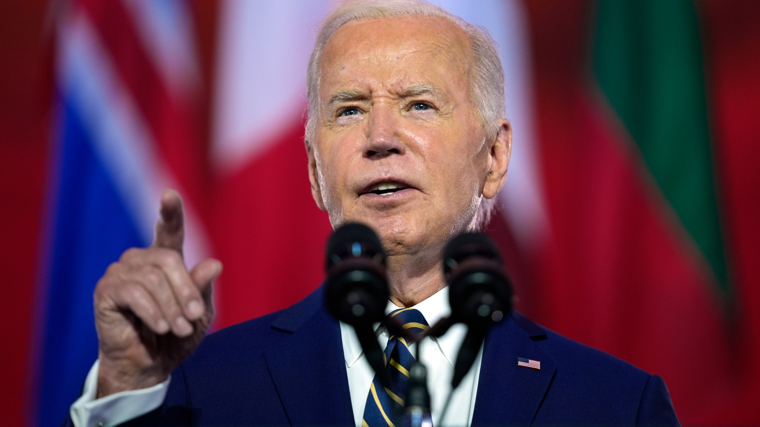 President Joe Biden delivers remarks on the 75th anniversary of NATO at the Andrew W. Mellon Auditorium, Tuesday, July 9, 2024, in Washington. (AP Photo/Evan Vucci)