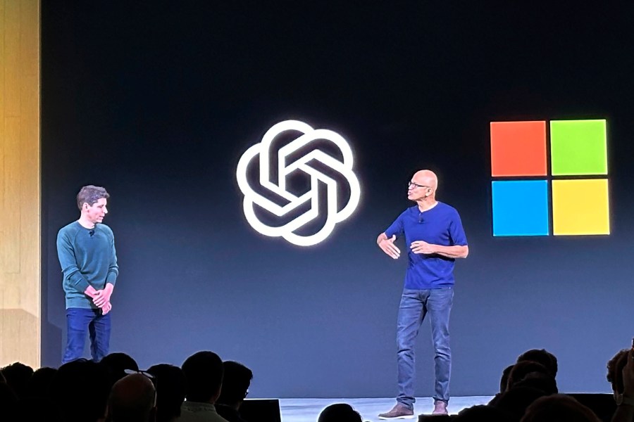 FILE - OpenAI CEO Sam Altman, left, appears onstage with Microsoft CEO Satya Nadella at OpenAI's first developer conference, on Nov. 6, 2023, in San Francisco. Microsoft has quit its seat on the board of OpenAI, saying its role is no longer needed because the ChatGPT maker has improved its governance since being roiled by boardroom chaos last year. In a letter sent on Tuesday, July 9, 2024, Microsoft confirmed it was resigning, “effective immediately,” from its role as an observer on the board. (AP Photo/Barbara Ortutay, File)