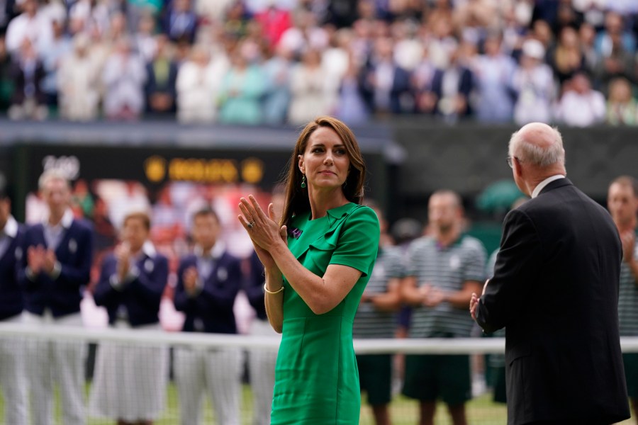 FILE - Britain's Kate, Princess of Wales looks on after Spain's Carlos Alcaraz beat Serbia's Novak Djokovic in the men's singles final on day fourteen of the Wimbledon tennis championships in London, Sunday, July 16, 2023. The Princess of Wales is set to attend the Wimbledon men’s final on Sunday, July 14, 2024 in a rare public appearance after her cancer diagnosis. Kensington Palace confirmed Saturday that Kate, wife of heir to the throne Prince William, will be in the Royal Box on Centre Court to watch defending champion Carlos Alcaraz play Novak Djokovic. (AP Photo/Alberto Pezzali, File)