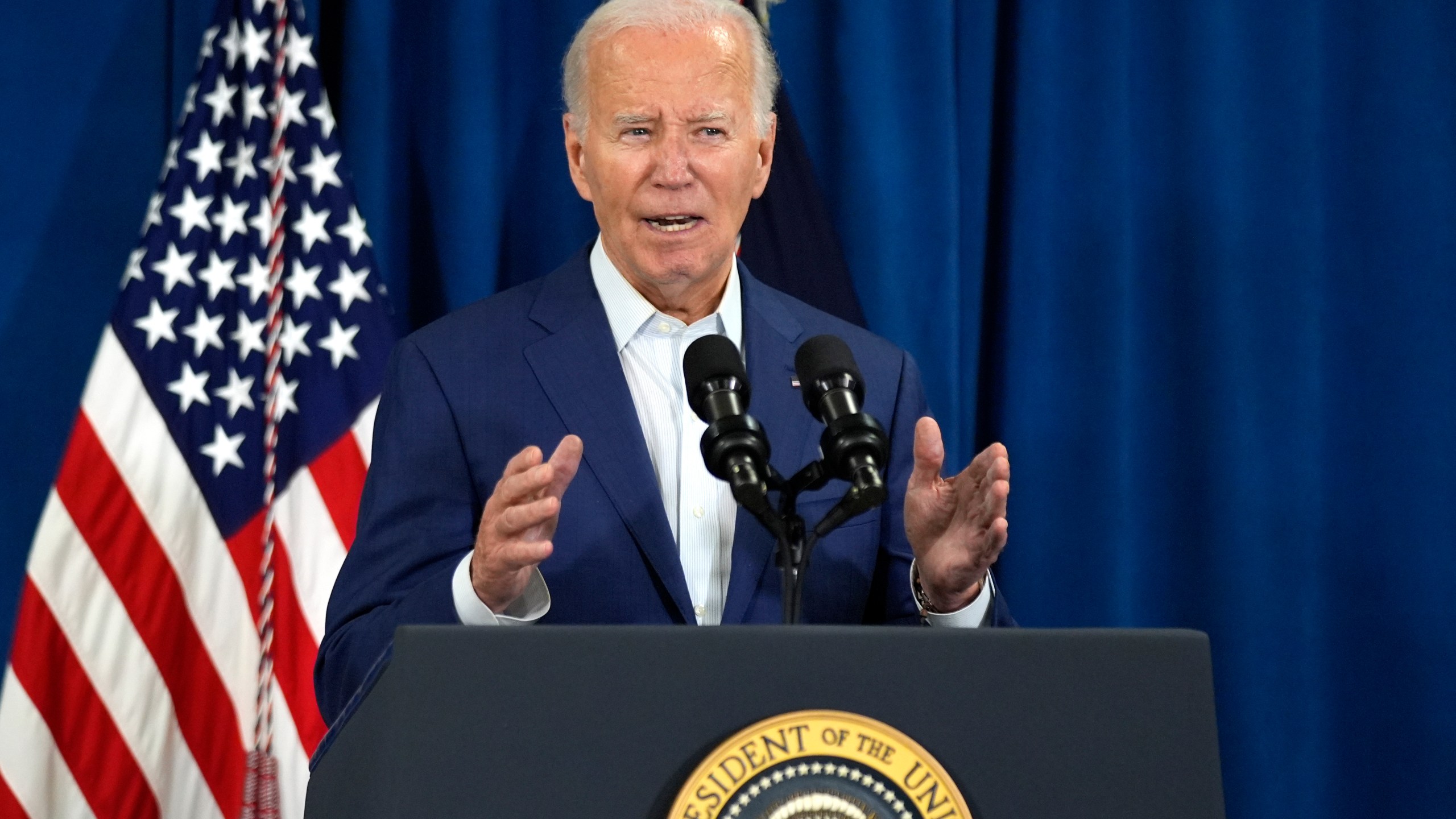 President Joe Biden speaks, Saturday, July 13, 2024, in Rehoboth Beach, Del., addressing news that gunshots rang out at Republican presidential candidate former President Donald Trump's Pennsylvania campaign rally. (AP Photo/Manuel Balce Ceneta)