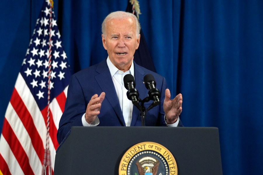 President Joe Biden speaks, Saturday, July 13, 2024, in Rehoboth Beach, Del., addressing news that gunshots rang out at Republican presidential candidate former President Donald Trump's Pennsylvania campaign rally. (AP Photo/Manuel Balce Ceneta)