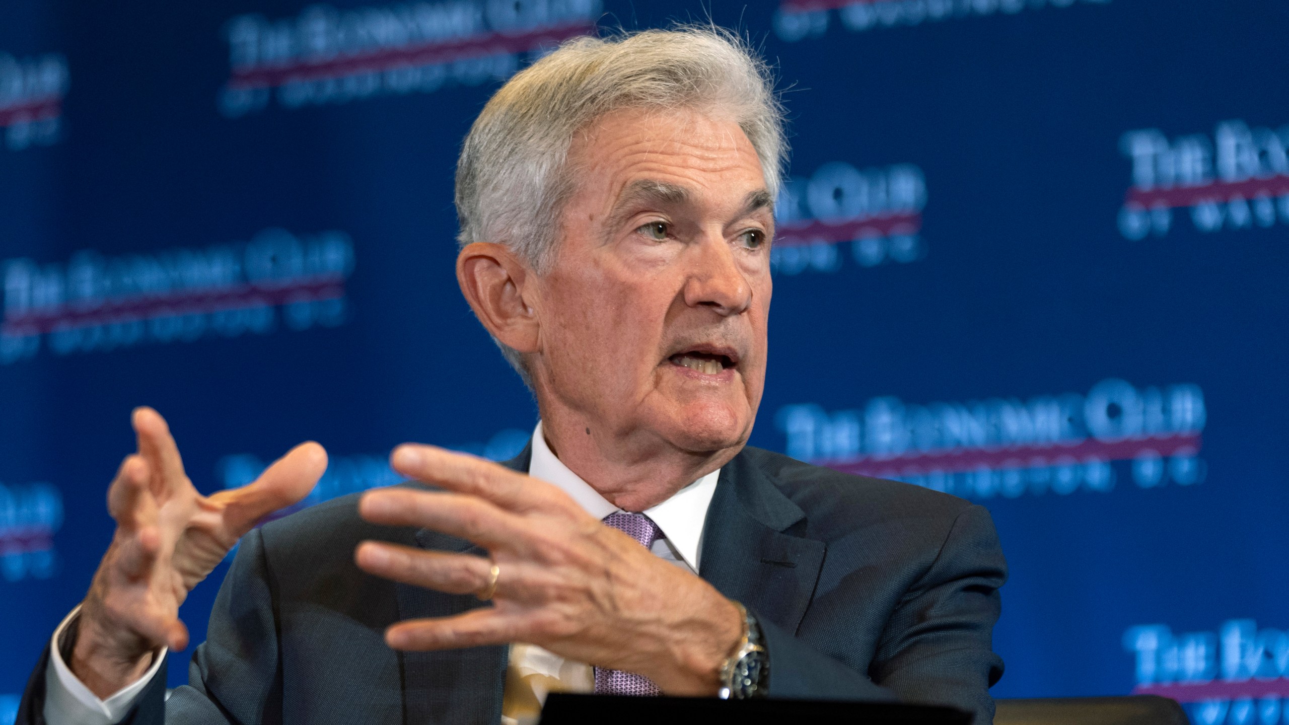 Federal Reserve Chair Jerome Powell participates in a conversation with Economic Club of Washington, DC, Monday, July 15, 2024, in Washington. (AP Photo/Manuel Balce Ceneta)