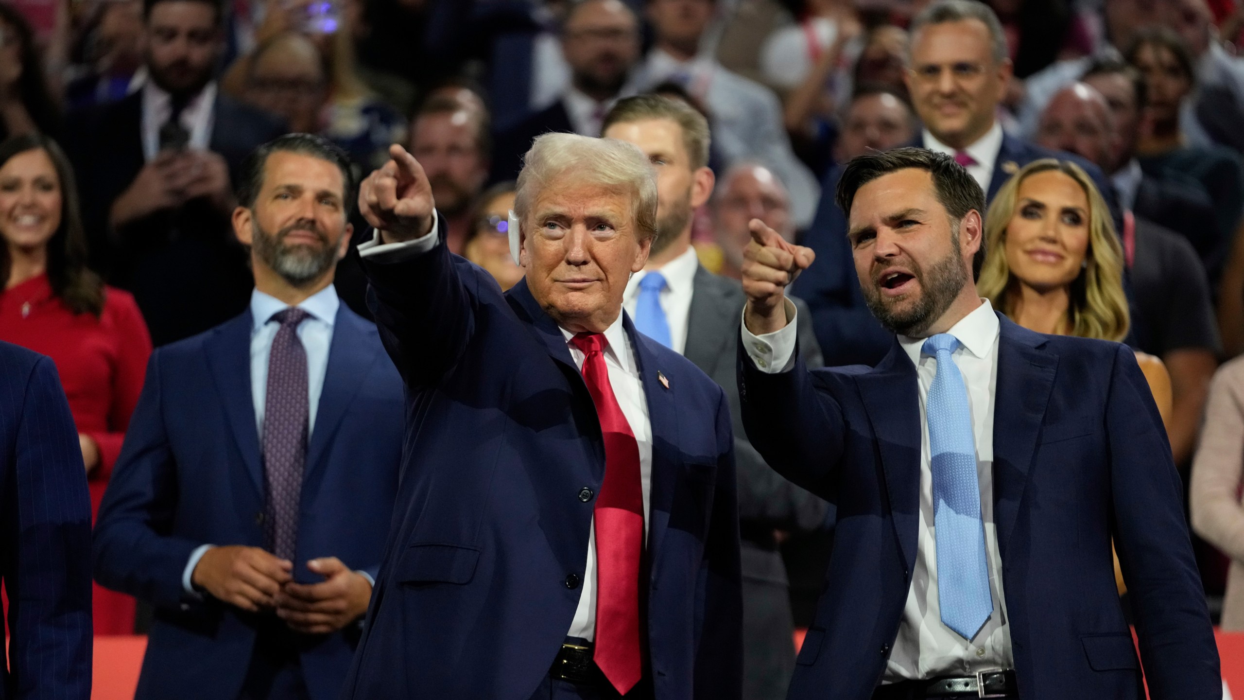 Republican presidential candidate former President Donald Trump appears with nice presidential candidate JD Vance, R-Ohio, during the Republican National Convention Monday, July 15, 2024, in Milwaukee. (AP Photo/Paul Sancya)