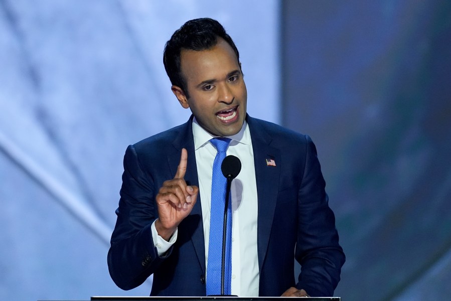 Vivek Ramaswamy speaking during the second day of the Republican National Convention on Tuesday, July 16, 2024, in Milwaukee. (AP Photo/J. Scott Applewhite)