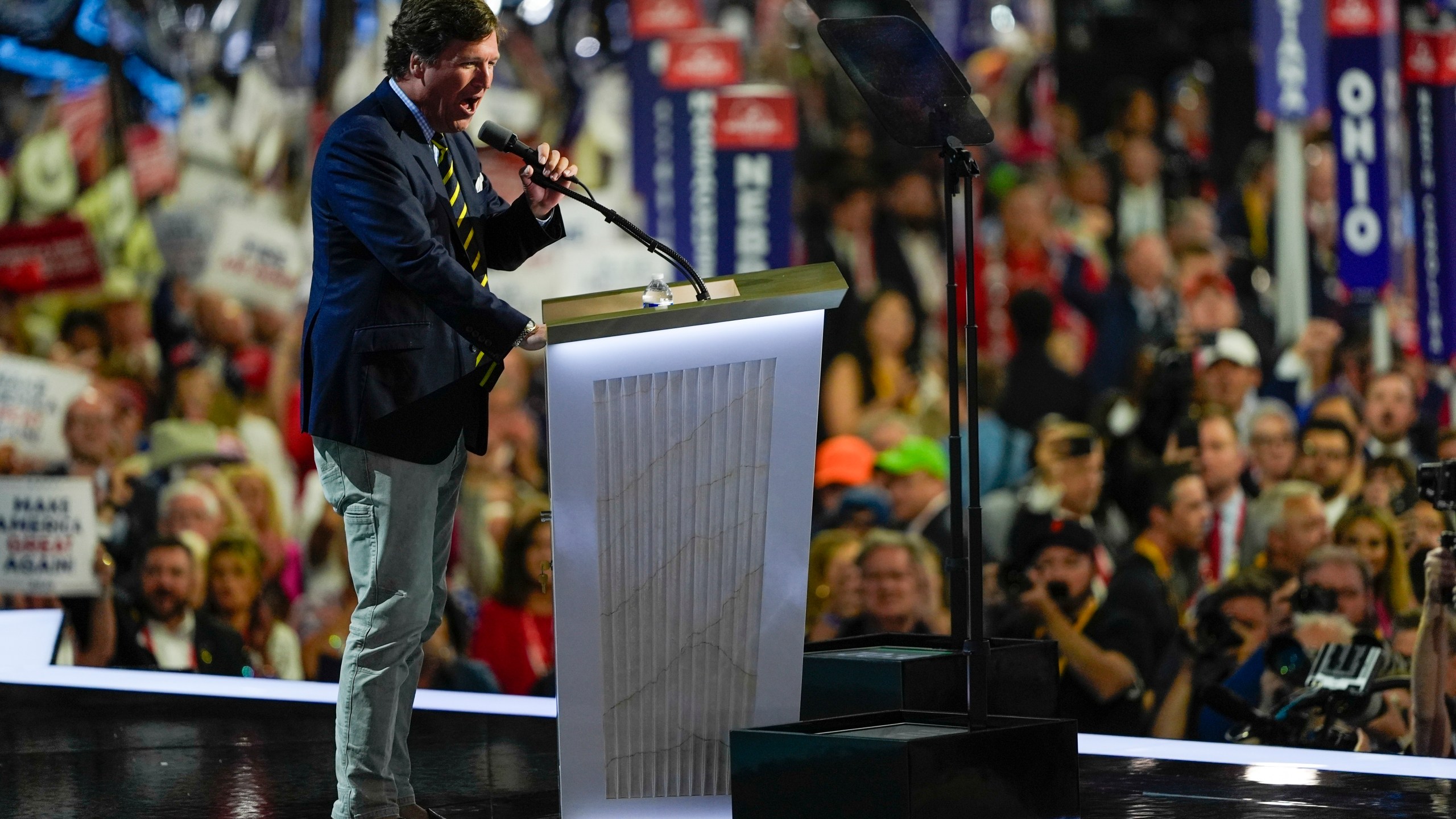 Tucker Carlson speaks during the Republican National Convention Thursday, July 18, 2024, in Milwaukee. (AP Photo/Matt Rourke)