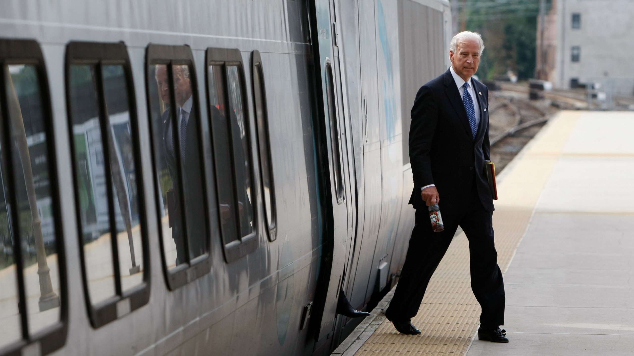 FILE - Then Democratic vice presidential candidate Sen. Joe Biden, D-Del. arrives by Amtrak, Sept. 16, 2008, in Wilmington, Del. Historians and political advisers say history will be kinder to President Joe Biden than voters have been. Biden dropped out of the presidential race Sunday, July 21, 2024, clearing the way for a new Democratic nominee. (AP Photo/Gerald Herbert, File)