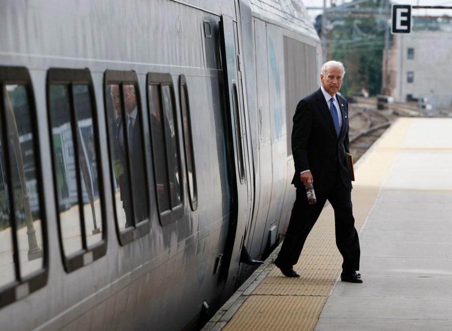 FILE - Then Democratic vice presidential candidate Sen. Joe Biden, D-Del. arrives by Amtrak, Sept. 16, 2008, in Wilmington, Del. Historians and political advisers say history will be kinder to President Joe Biden than voters have been. Biden dropped out of the presidential race Sunday, July 21, 2024, clearing the way for a new Democratic nominee. (AP Photo/Gerald Herbert, File)