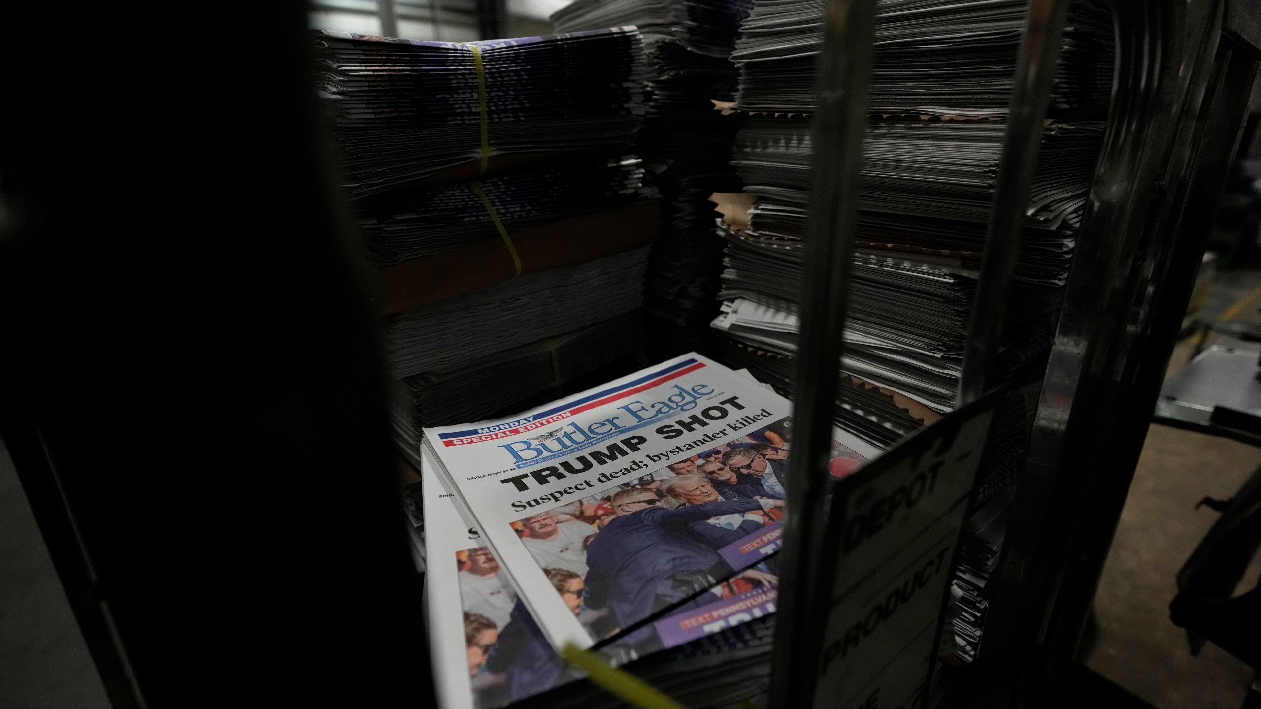 A Special Edition of the Butler Eagle newspaper is seen outside the paper's pressroom, Wednesday, July 17, 2024, in Butler, Pa. (AP Photo/Matt Slocum)