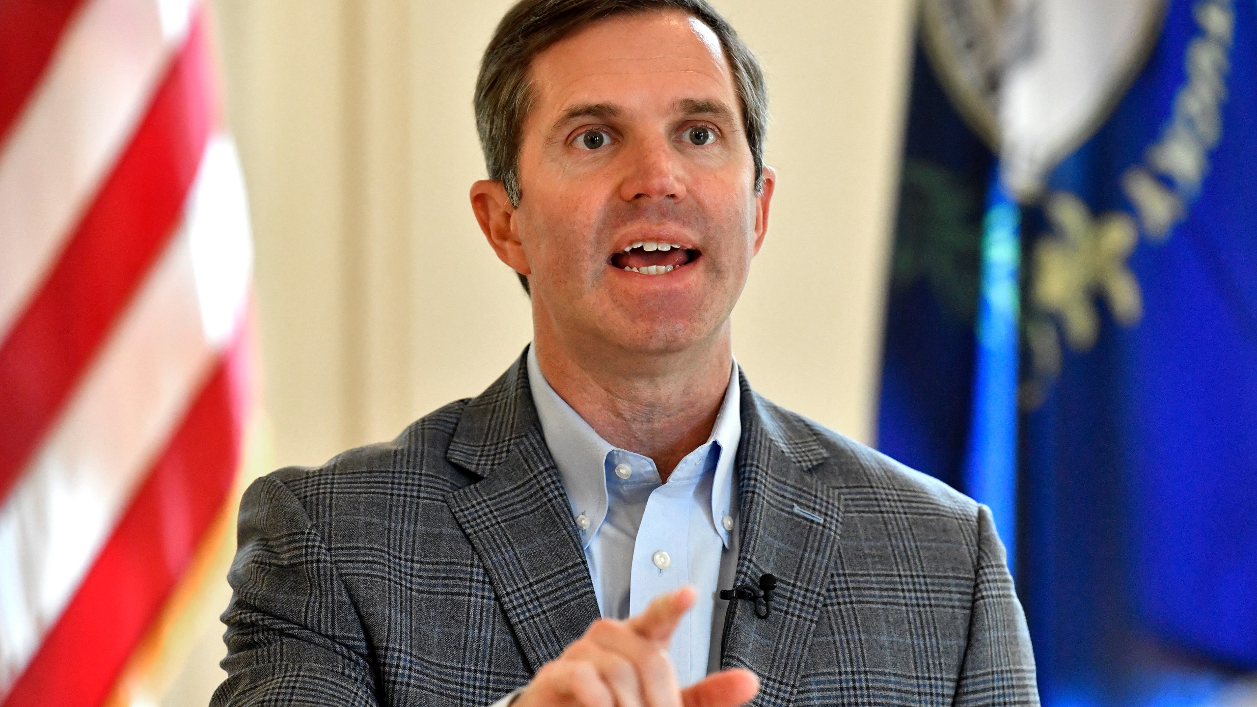 Kentucky Gov. Andy Beshear speaks during an interview at the Kentucky State Capitol in Frankfort, Ky., Monday, July 22, 2024. (AP Photo/Timothy D. Easley)