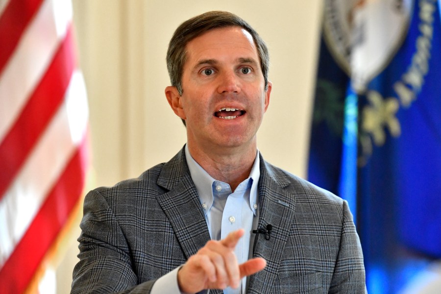 Kentucky Gov. Andy Beshear speaks during an interview at the Kentucky State Capitol in Frankfort, Ky., Monday, July 22, 2024. (AP Photo/Timothy D. Easley)