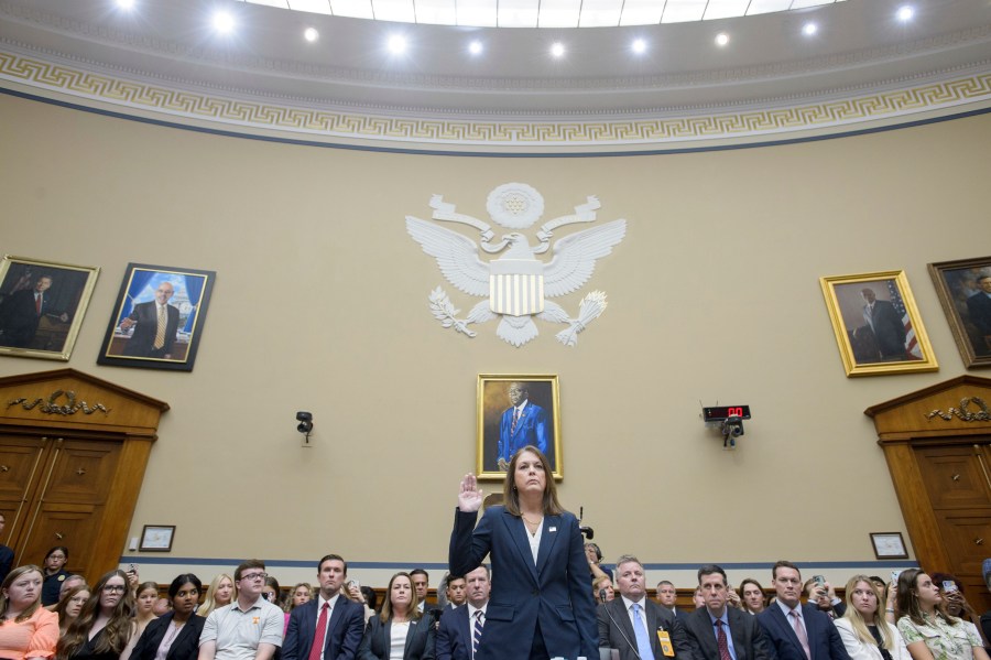 U.S. Secret Service Director Kimberly Cheatle is sworn in before the House Oversight and Accountability Committee about the attempted assassination of former President Donald Trump at a campaign event in Pennsylvania, at the Capitol in Washington, Monday, July 22, 2024. (AP Photo/Rod Lamkey, Jr.)