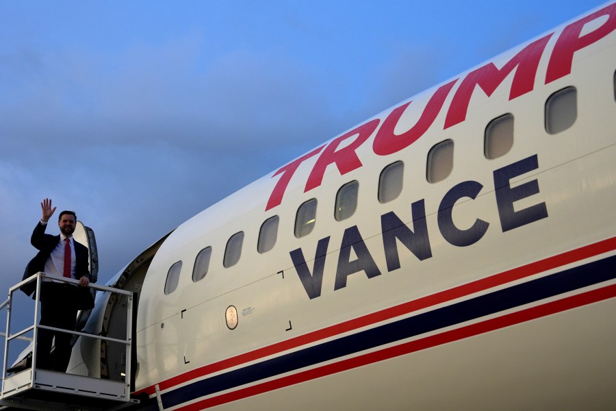 Republican vice presidential candidate Sen. JD Vance, R-Ohio, waves as he boards Trump Force Two at Roanoke-Blacksburg Regional Airport, after a campaign rally Monday, July 22, 2024, in Roanoke, Va. (AP Photo/Julia Nikhinson)