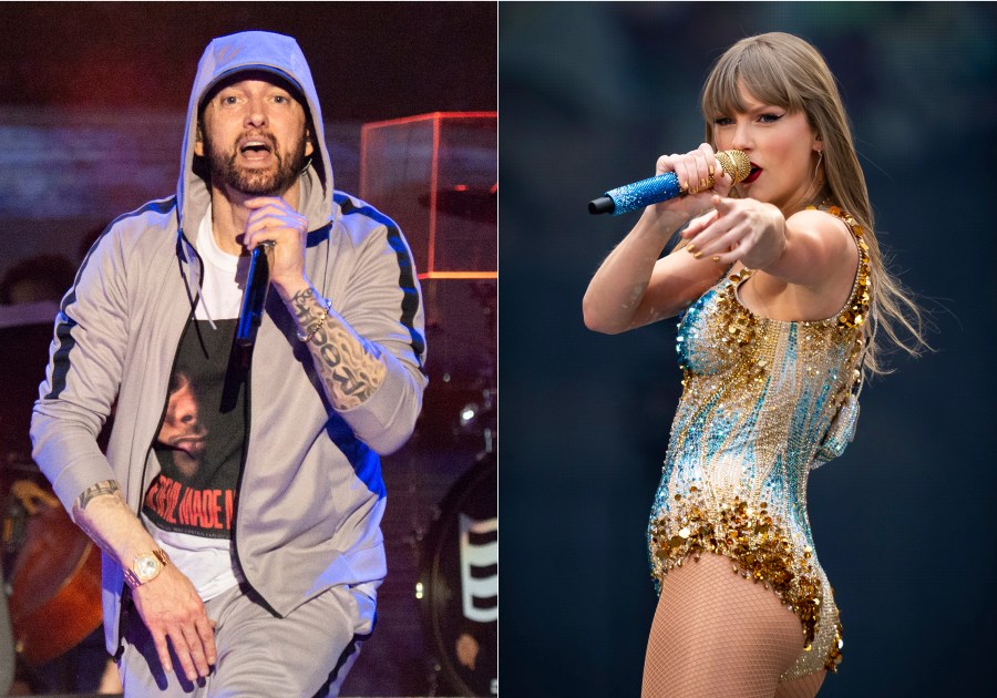 Eminem performs at the Bonnaroo Music and Arts Festival on June 9, 2018, left, and Taylor Swift performs at Wembley Stadium in London as part of her Eras Tour on June 21, 2024. Eminem’s 12th studio album, “The Death of Slim Shady (Coup de Grâce),” has debuted at No. 1 on the Billboard 200, unseating Taylor Swift’s “The Tortured Poets Department” after 12 weeks. (AP Photo)