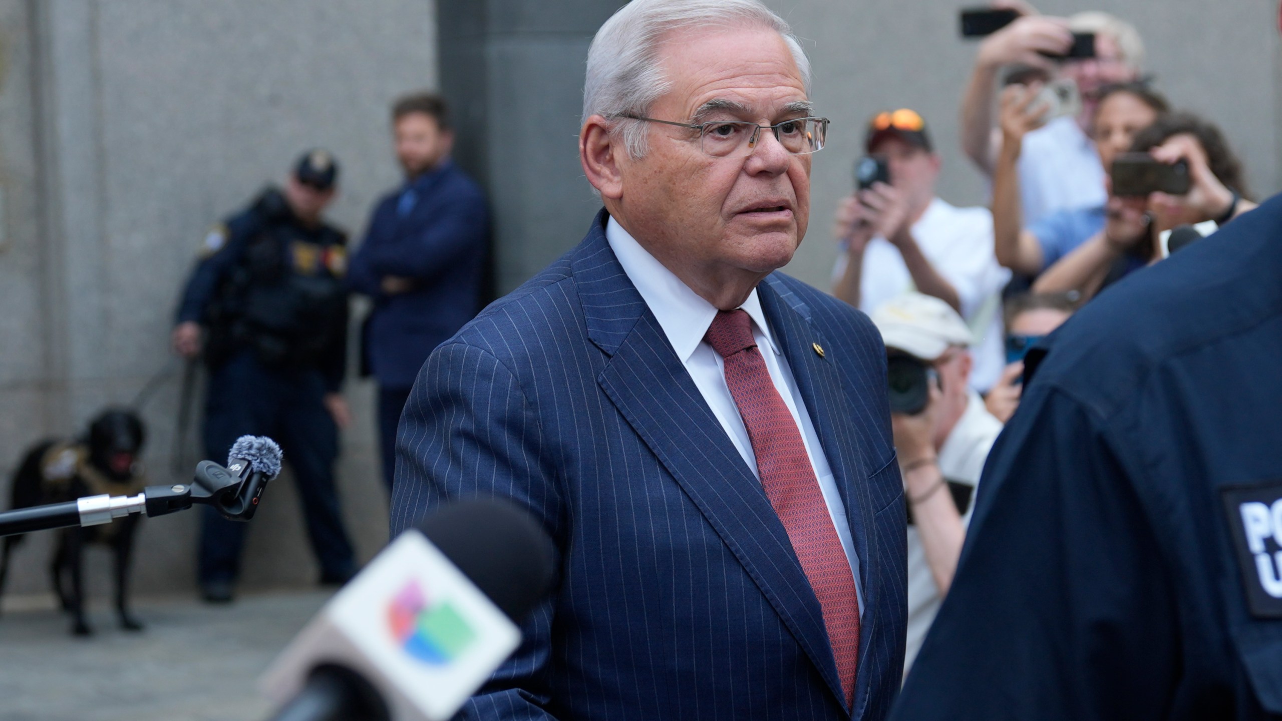 Sen. Bob Menendez, D-N.J., leaves federal court in New York, Tuesday, July 16, 2024. Menendez has been convicted of all the charges he faced at his corruption trial, including accepting bribes of gold and cash from three New Jersey businessmen and acting as a foreign agent for the Egyptian government. (AP Photo/Seth Wenig)