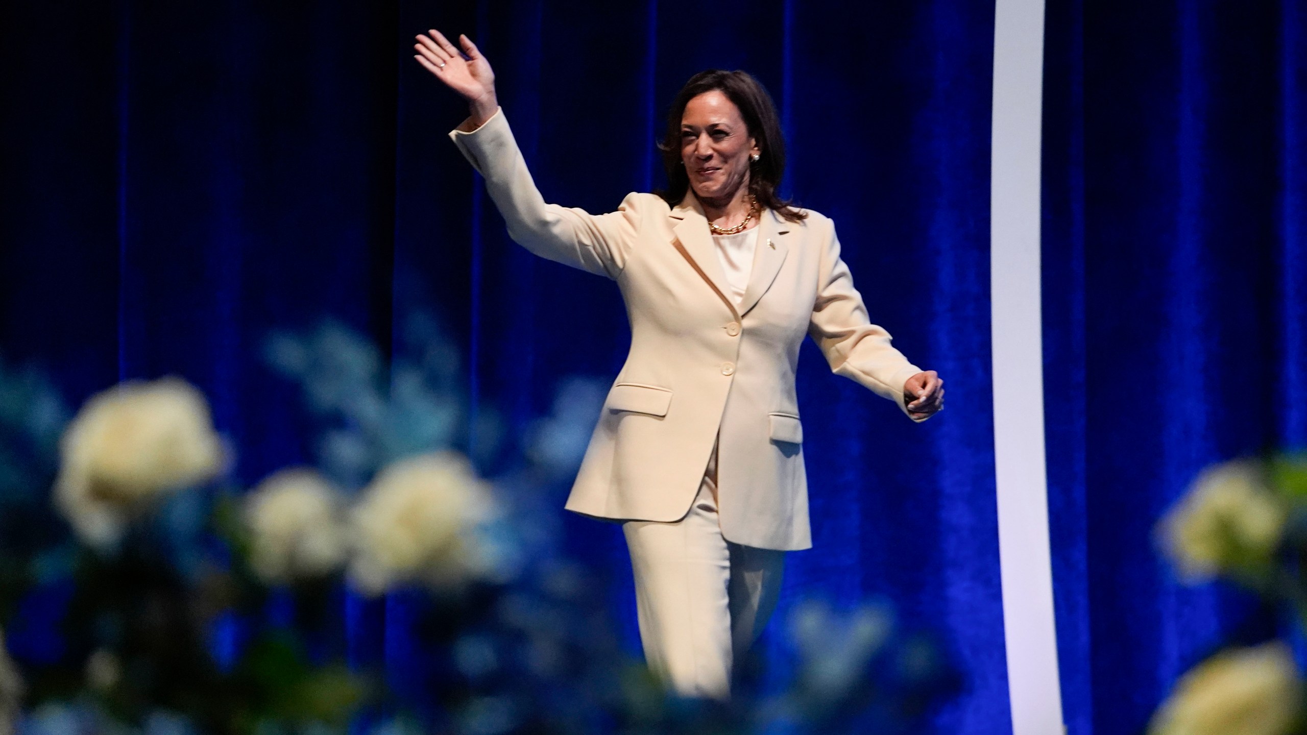 Vice President Kamala Harris waves as she is introduced during the Zeta Phi Beta Sorority, Inc.'s Grand Boulé, Wednesday, July 24, 2024, in Indianapolis. (AP Photo/Darron Cummings)