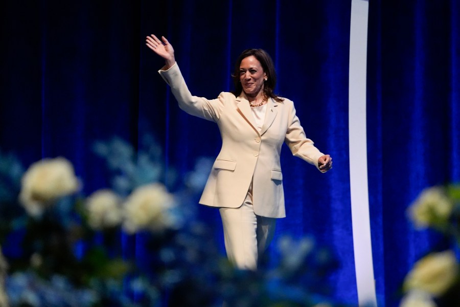 Vice President Kamala Harris waves as she is introduced during the Zeta Phi Beta Sorority, Inc.'s Grand Boulé, Wednesday, July 24, 2024, in Indianapolis. (AP Photo/Darron Cummings)