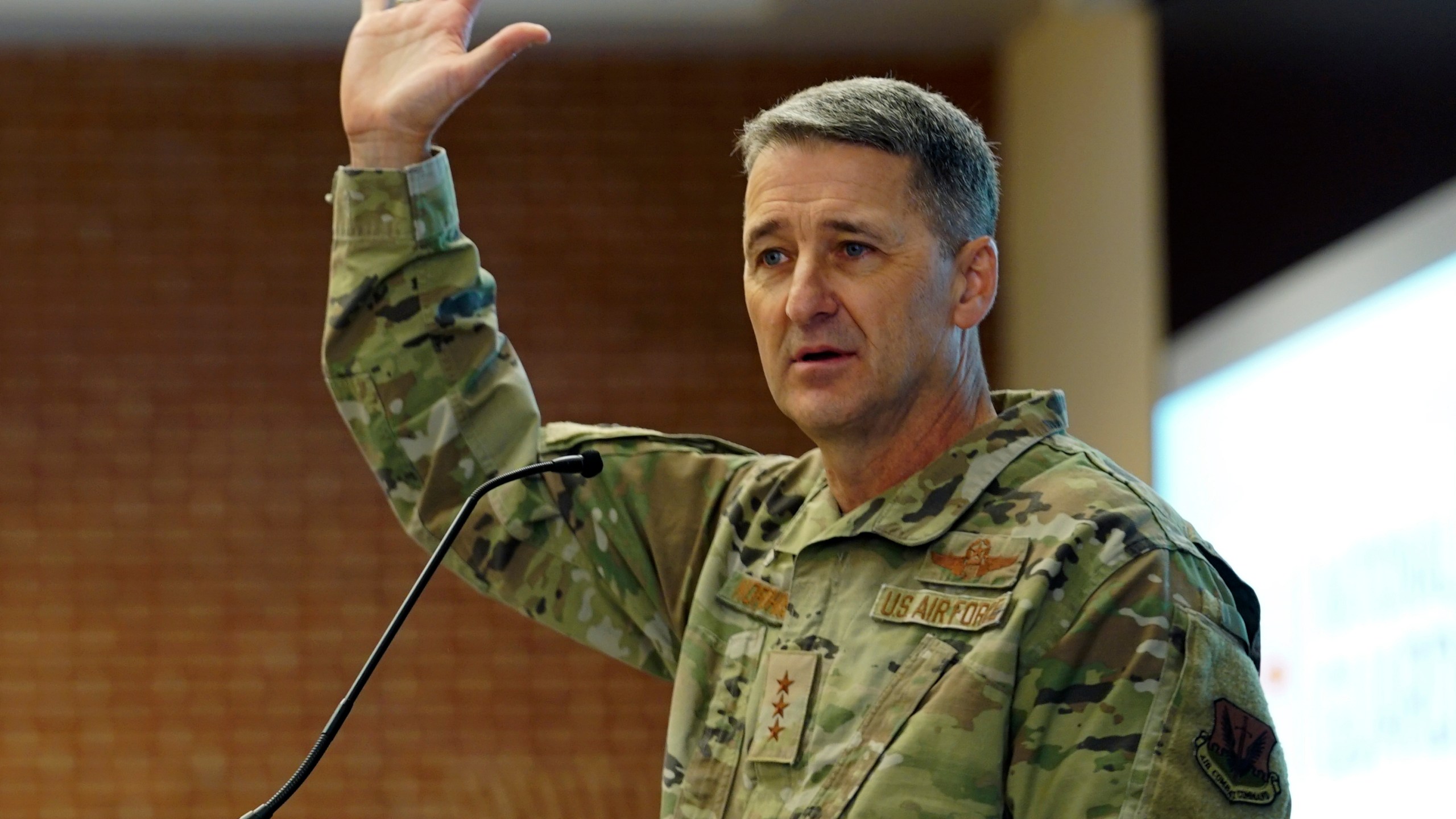 This image provided by U.S. Air National Guard shows Lt. Gen. Steven S. Nordhaus speaking to attendees during the Ohio National Guard Joint Senior Leader Conference in Lewis Center, Ohio, Feb. 2, 2024. Nordhaus has been nominated to be the next chief of the National Guard Bureau, just a bit more than a week before the current chief retires. (Staff Sgt. Jillian Maynus, U.S. Air National Guard via AP)