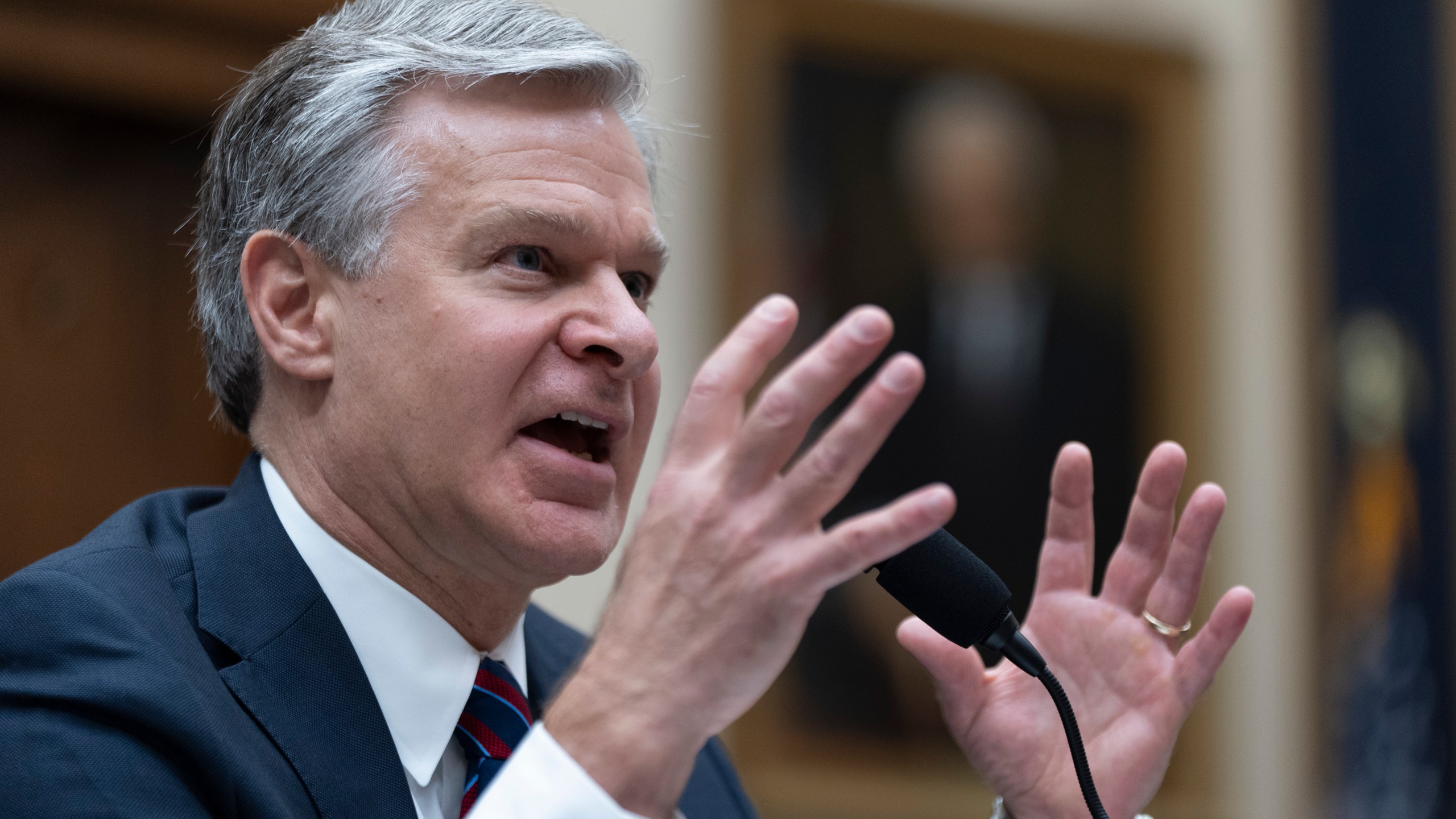 FBI Director Christopher Wray testifies before a House committee about the July 13 shooting at a campaign rally in Butler, Pa., Wednesday, July 24, 2024, on Capitol Hill. Wray said that the FBI will "leave no stone unturned" in its investigation of the attempted assassination of former President Donald Trump. (AP Photo/Manuel Balce Ceneta)