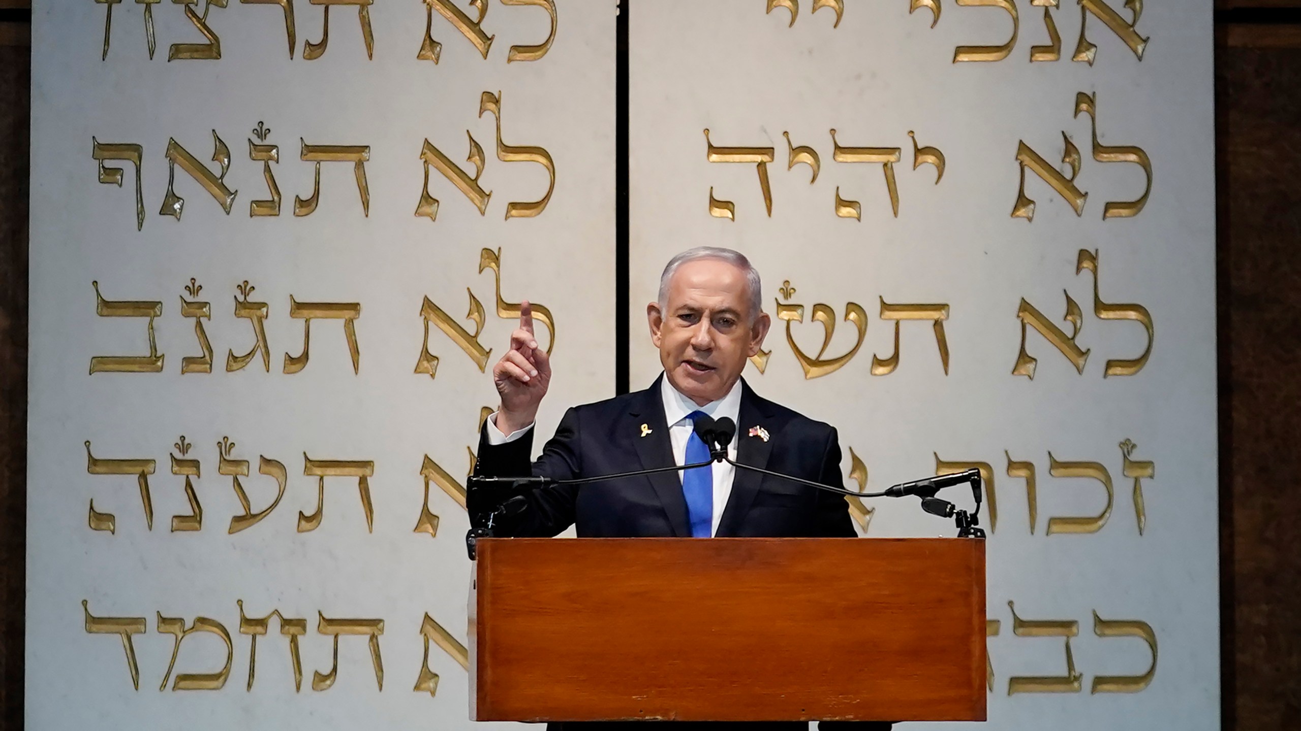 Israeli Prime Minister Benjamin Netanyahu speaks during a memorial service for former U.S. Sen. Joseph Lieberman, D-Ct., Wednesday, July 24, 2024, at the Washington Hebrew Congregation, in Washington. (AP Photo/Jose Luis Magana)