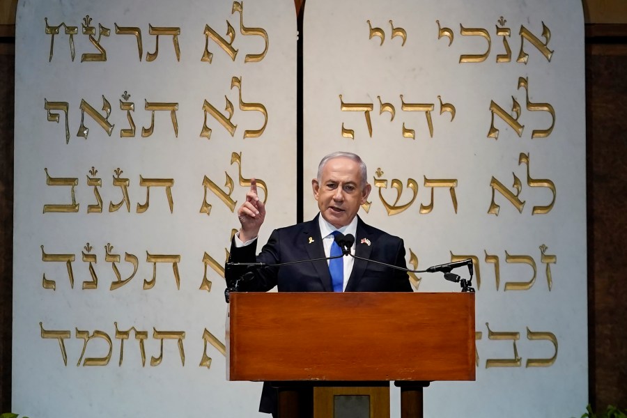 Israeli Prime Minister Benjamin Netanyahu speaks during a memorial service for former U.S. Sen. Joseph Lieberman, D-Ct., Wednesday, July 24, 2024, at the Washington Hebrew Congregation, in Washington. (AP Photo/Jose Luis Magana)