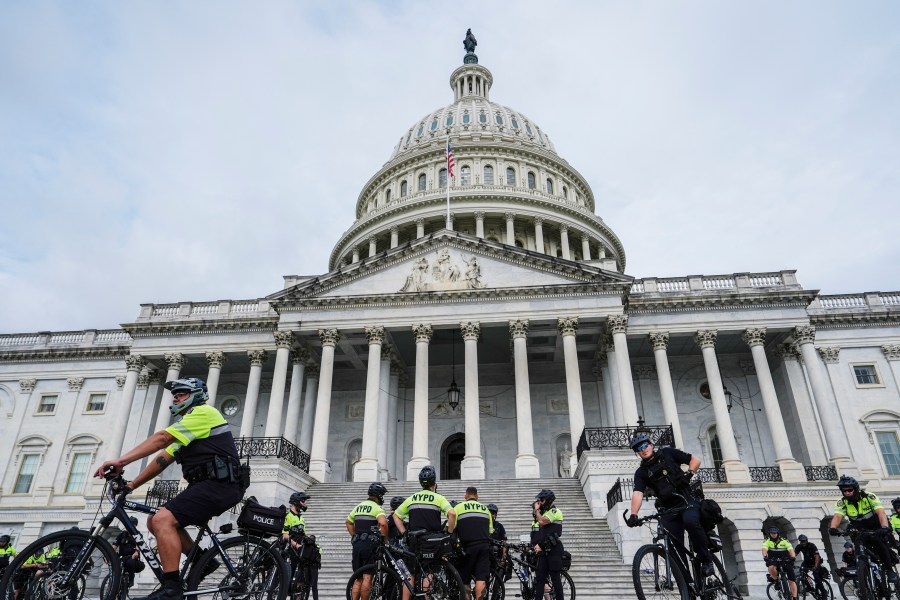 U.S. Capitol Police and NYPD officers stand in front of the Capitol ahead of Israeli Prime Minister Benjamin Netanyahu's speech to a joint meeting of Congress to seek support for Israel's fight against Hamas and other adversaries, Wednesday, July 24, 2024, in Washington. (AP Photo/Julia Nikhinson)