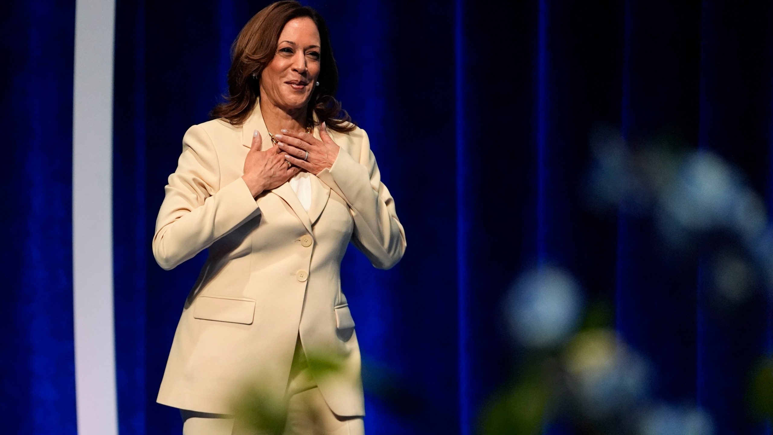 Vice President Kamala Harris reacts as she is introduced during the Zeta Phi Beta Sorority, Inc.'s Grand Boulé, Wednesday, July 24, 2024, in Indianapolis. (AP Photo/Darron Cummings)