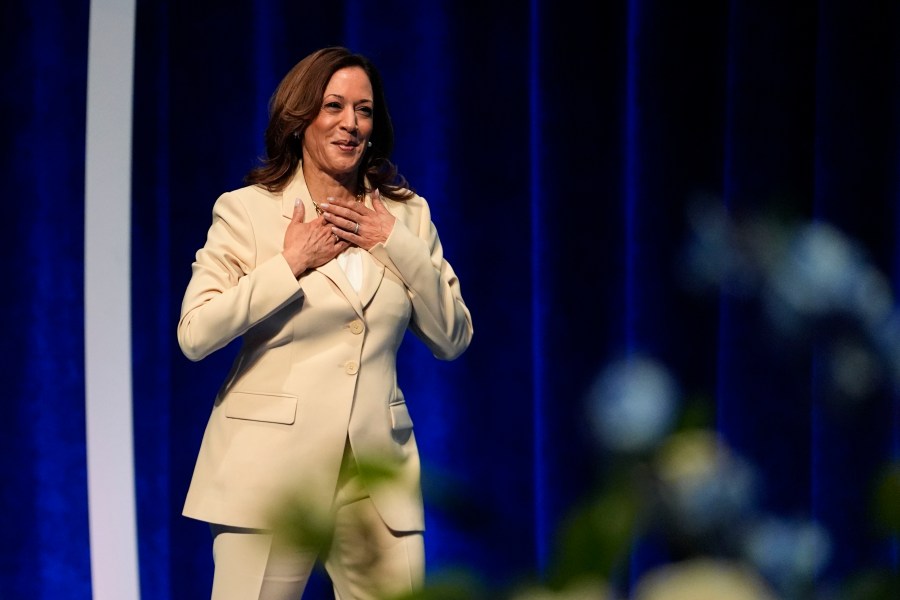 Vice President Kamala Harris reacts as she is introduced during the Zeta Phi Beta Sorority, Inc.'s Grand Boulé, Wednesday, July 24, 2024, in Indianapolis. (AP Photo/Darron Cummings)