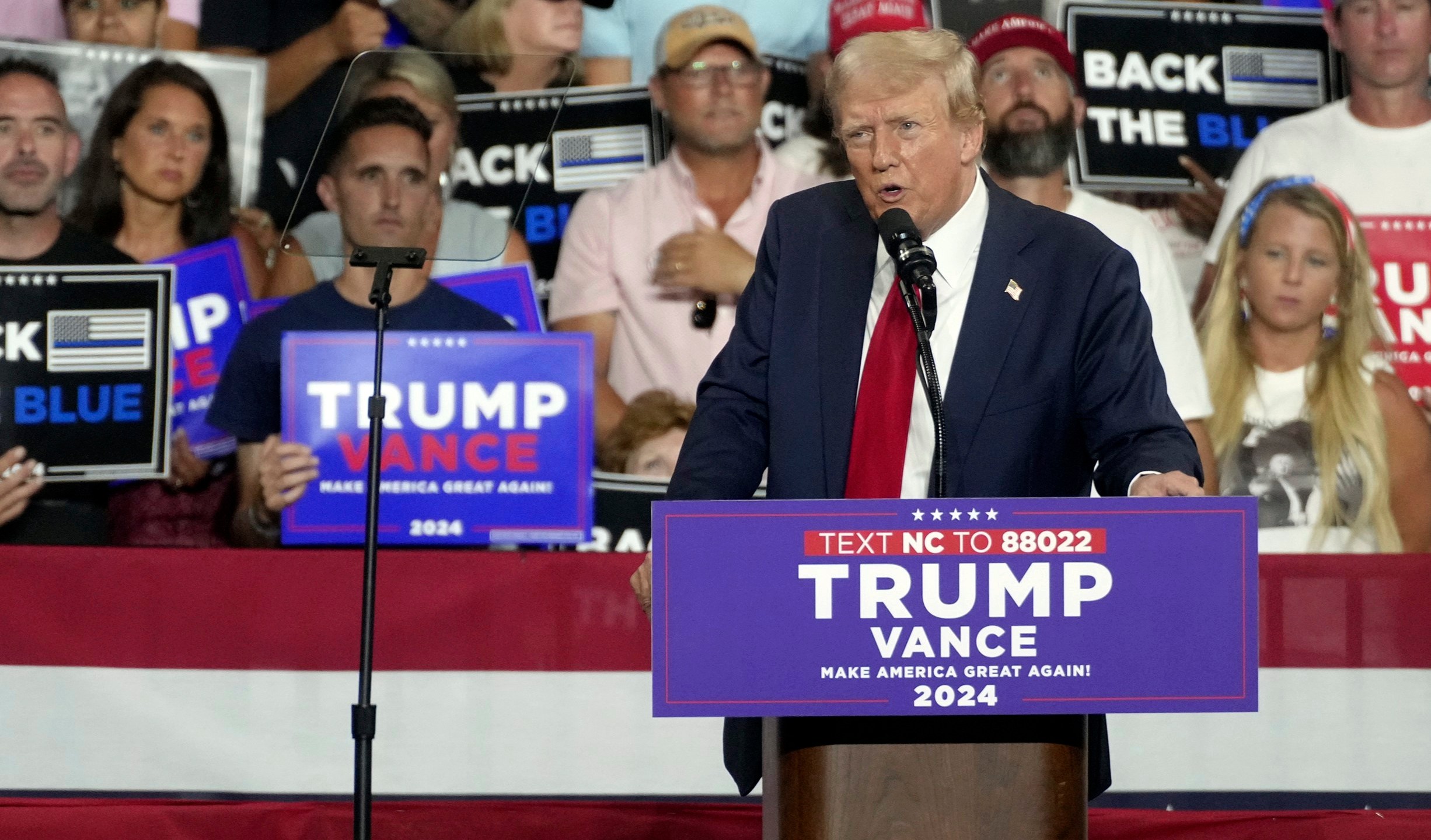 Republican presidential candidate former President Donald Trump speaks at a campaign rally in Charlotte, N.C., Wednesday, July 24, 2024. (AP Photo/Matt Kelley)