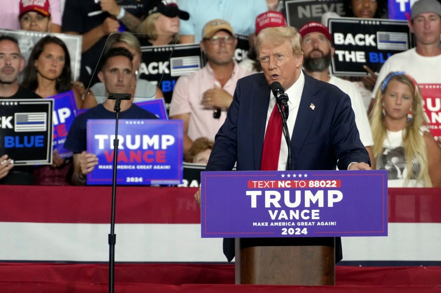 Republican presidential candidate former President Donald Trump speaks at a campaign rally in Charlotte, N.C., Wednesday, July 24, 2024. (AP Photo/Matt Kelley)