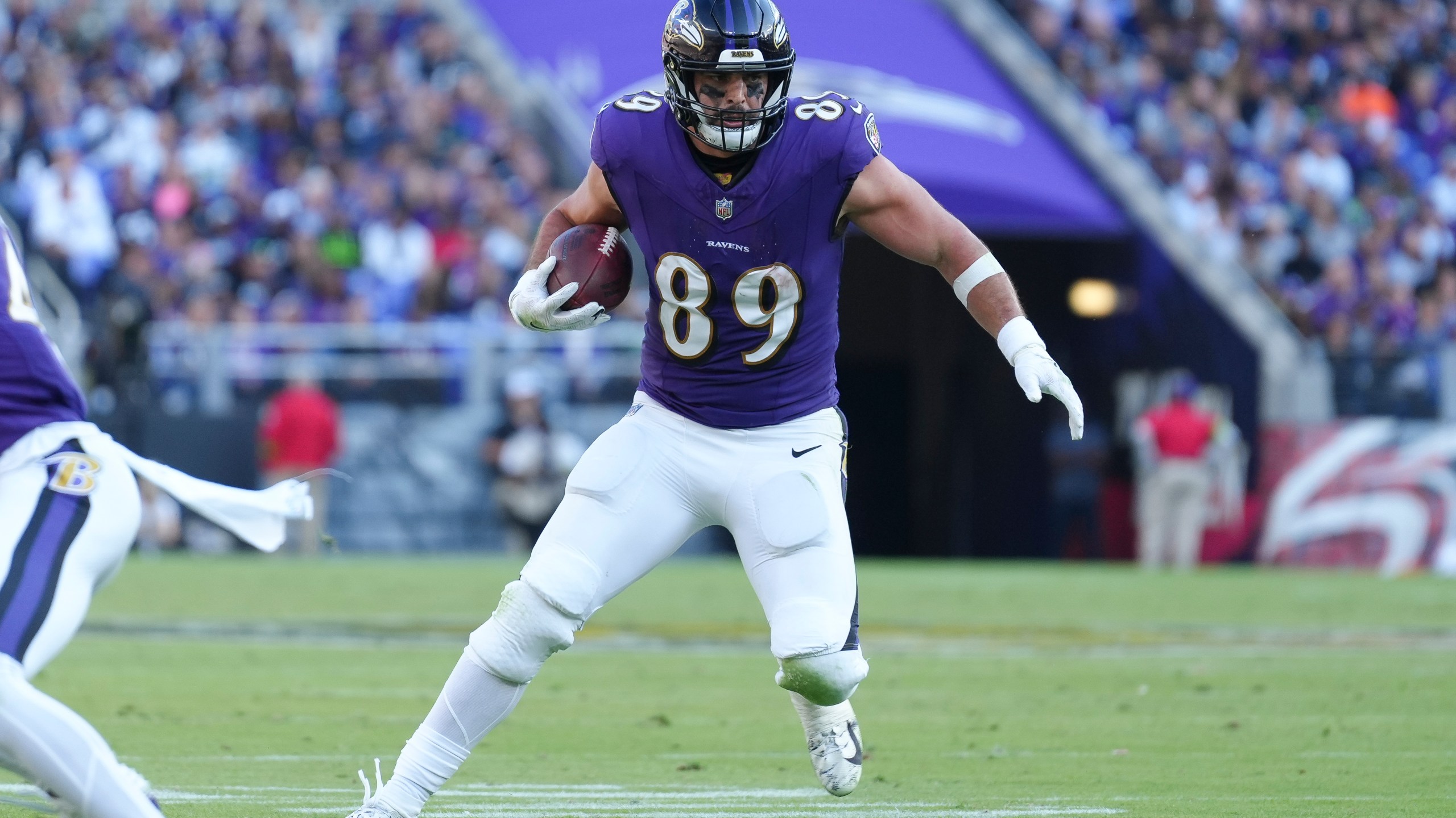 FILE - Baltimore Ravens tight end Mark Andrews (89) runs after a catch during an NFL football game against the Seattle Seahawks, Sunday, Nov. 4, 2023, in Baltimore, MD. (AP Photo/Peter Joneleit, File)