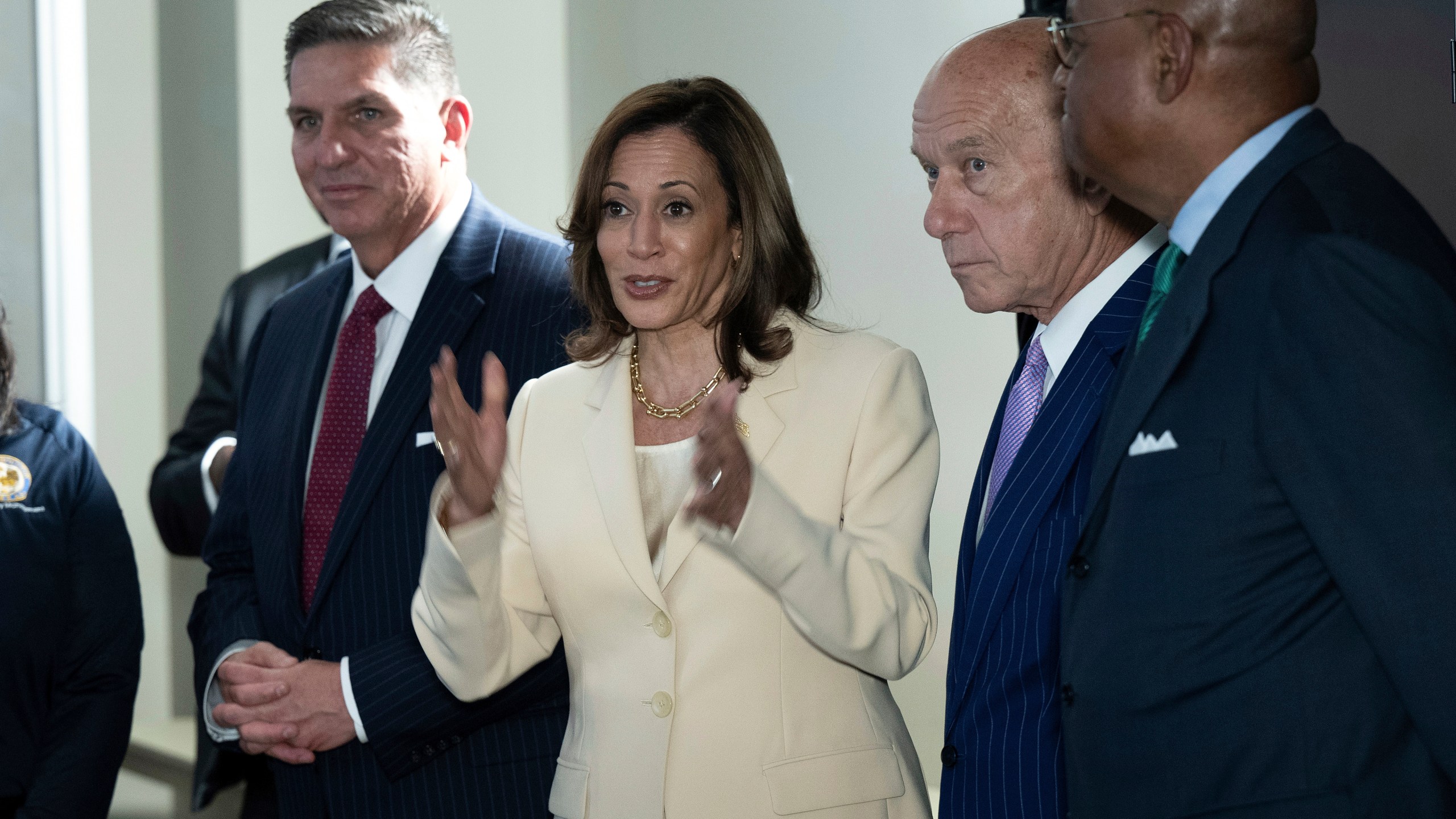 Democratic presidential candidate Vice President Kamala Harris talks after receiving a briefing on Hurricane Beryl recovery efforts at the City of Houston Emergency Operation Center in Houston, Wednesday, July 24, 2024, as Houston Mayor Houston Mayor John Whitmire, second from right, listens. (Brendan Smialowski/Pool via AP)